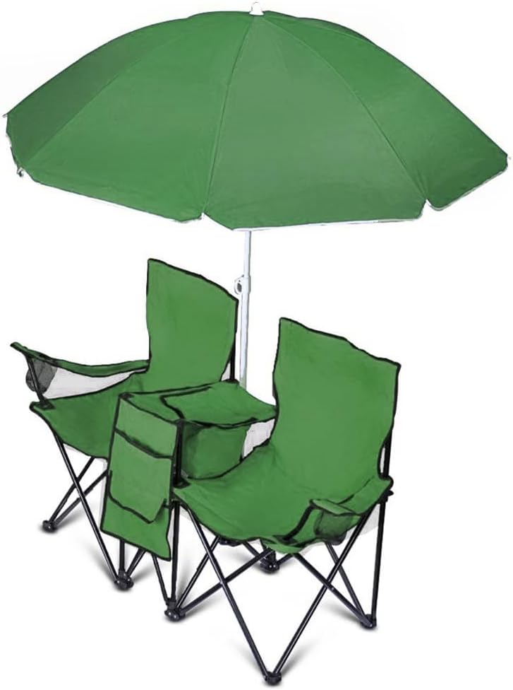 GoTEAM! Portable 2-Seat Folding Camp Chair with Cooler, Umbrella & Cup Holders – Outdoor Picnic, Beach, or Tailgate Seating – Carry Case Included