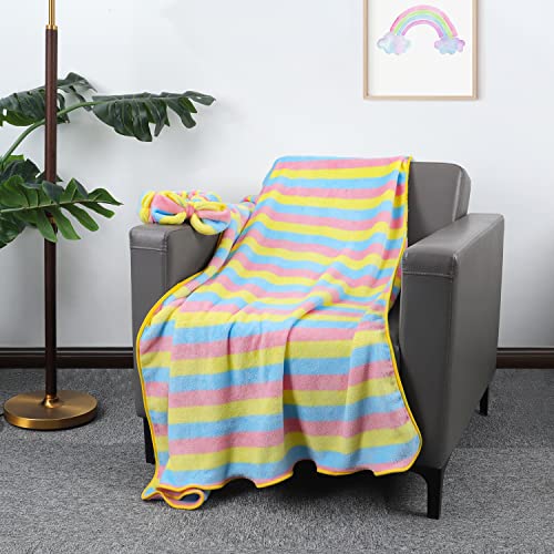 Queenshin Lightweight Plaid Silky Flannel Blanket With The Hairband, 250 Gsm Cozy Soft Fluffy Throw For Sofa Bed, Blue Yellow Pink, 40 * 60 Inch #TOP4