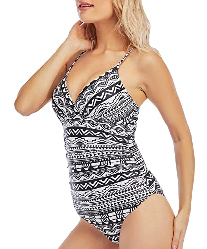 Boniee Women's One Piece Padded Swimsuit Athletic Tummy Control V Neck Swimwear Stripe Cross Bathing Suits Geometric M White #TOP3