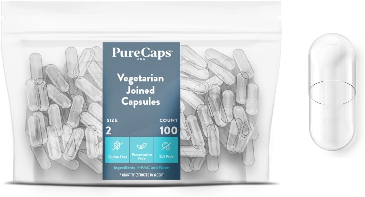 PureCaps USA - Empty Vegetarian Pill Capsules Size 2 | 10,000 Joined Pills| Clear| Non-GMO Certified | SLS, Gluten, Preservative Free