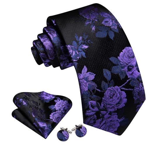Image of Barry.Wang Flower Ties for Men Silk Woven Floral Tie Sets Necktie Handkerchief Cufflinks Wedding Party