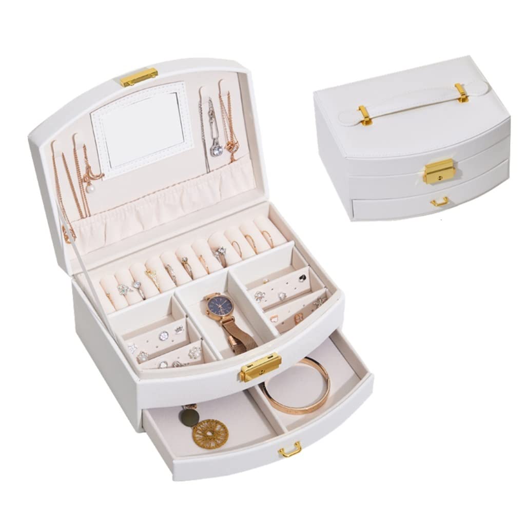 CVdrtyED Box For Women Large Capacity Earrings Storage Jewelry Box Double-Layer Lock Jewellery(White)