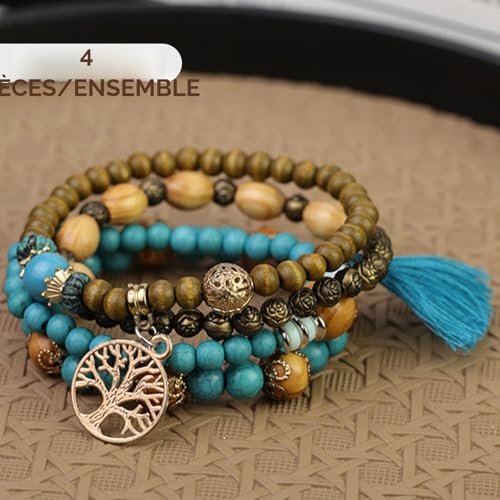 DHSBGWSX 8 bracelets de perles en bois, style bohémien ethnique, avec pendentif à pampille, cadeau pour bijoux, bracelet élastique avec perles en bois, Taille unique – vue 3
