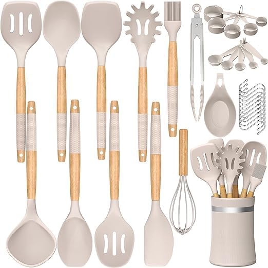 HADI KITCHENWARE Juego de utensilios de cocina de silicona, 33 piezas de utensilios de cocina de silicona con mango de madera, juego de espátulas de