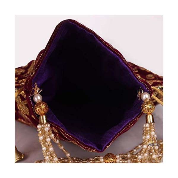 UNIQUE PRODUCT Stylish Zari Velvet Potli Golden Embroidery Potli Bag Purse Pearl Handle Tassel Women’s Handbag - Image 4