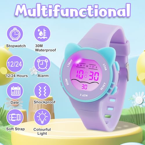 Image of Edillas Kids Watches Digital Girls Boys, 7 Colors Light Wrist Watch for Child Waterproof Sport Outdoor Multifunctional Wristwatches with Stopwatch /Alarm for Ages 4-15