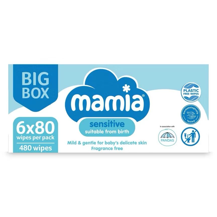 Mamia Sensitive Baby Wipes, Fragrance Free, Suitable from Birth, 6 x 80 Wipes, 480 Total