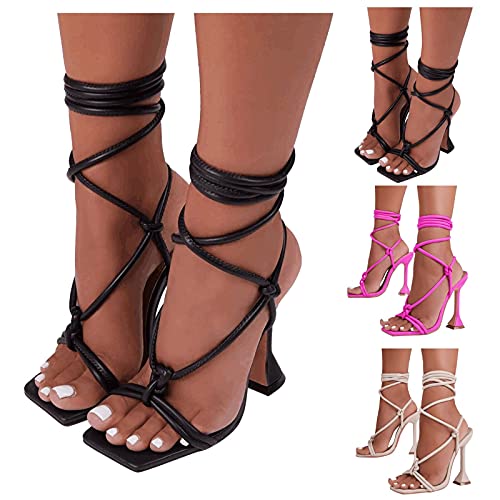 siilsaa Strappy Sandals for Women Heels Lace Up Square Toe Sandals Chunky Heel Casual Beach Sandals Shoes Flip Flops