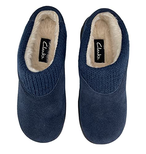 Clarks Womens Suede Slipper JMH2175 With Knit Collar - Soft Plush Faux Fur Lined - Indoor Outdoor House Slippers For Women4