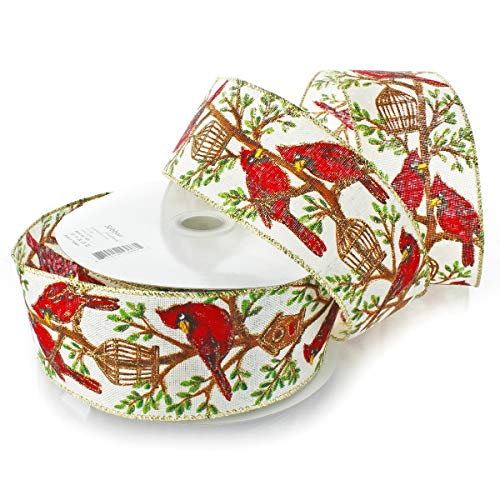 Ribbon Traditions Red Cardinal Birdhouse on Cream Wired Ribbon 2 1/2" by 25 Yards