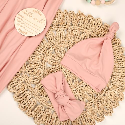 Image of TANOFAR 4-Pack Newborn Swaddle Blanket for Baby Girls & Boys, Ultra Soft Receiving Blankets with Matching Headband and Beanie Set Baby Nursery Swaddle Wrap (Pink)