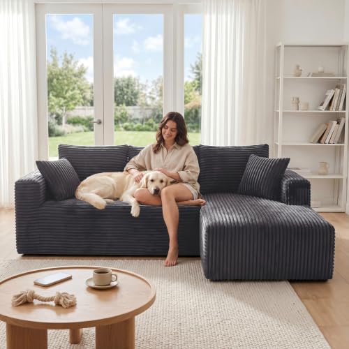 92.5" Modular Sectional Sofa,L-Shaped Cloud Couch with Deep Seats & Chaise, Convertible 4-in-1 Corduroy Boneless Couches for Living Room, Bedroom, No Need Assembly - Grey(Right Facing Chaise)