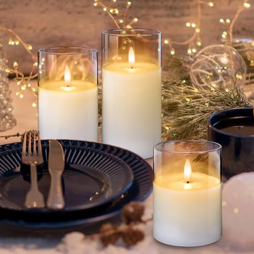 Image of Glass Flameless Candles with Remote Battery Operated Flickering LED Pillar Candles Real Wax Wick Φ 3 inch H 4 inch 5 inch 6 inch (Clear White)