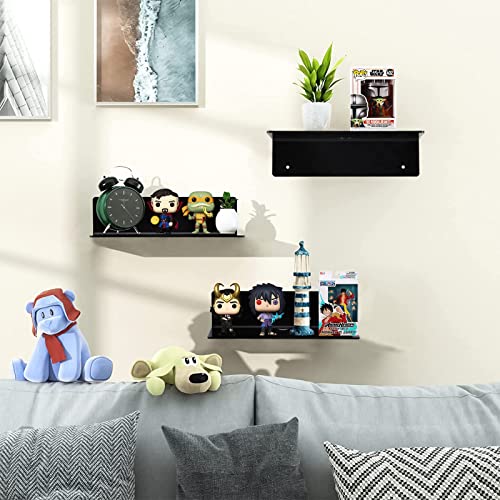 Luium 9 Inch Acrylic Floating Shelf No Drill Adhesive Wall Shelf Set Of 4 For Funko Pop Storage, Floating Shelves Damage-Free Expand Wall Space For Living Room, Bathroom, Gaming Room, Office - Black #TOP5