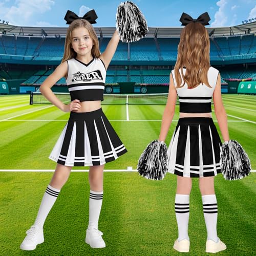 Luckyou Cheerleader Kinder Kostüm Mädchen Cheerleader mit Pompom Socken Karneval Kostüm Kinder für Halloween Sportfest-Black-160