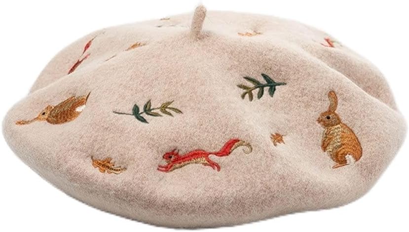 Winter Hats for Women Wool Beret Hat Female Camel Rabbit Squirrel Leaf Embroidery Vintage Ladies Mushroom