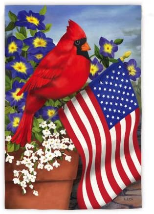 Evergreen Cardinal with American Flag with Suede Applique Welcome Flag | Double Sided | 12.5 x 18 Inches | Weather and Fade Resistant |Outdoor Safe Décor For Homes and Gardens