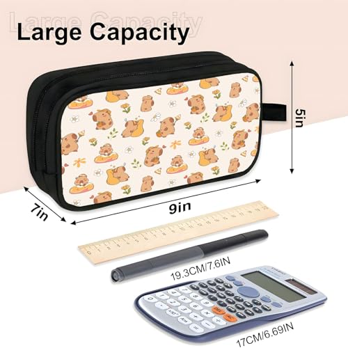Image of WOBAGMEN Double Layer Pencil Case with Handle Large Pencil Bag Cute Print Pencil Pouch for Boys Girls (Capybara Donut)