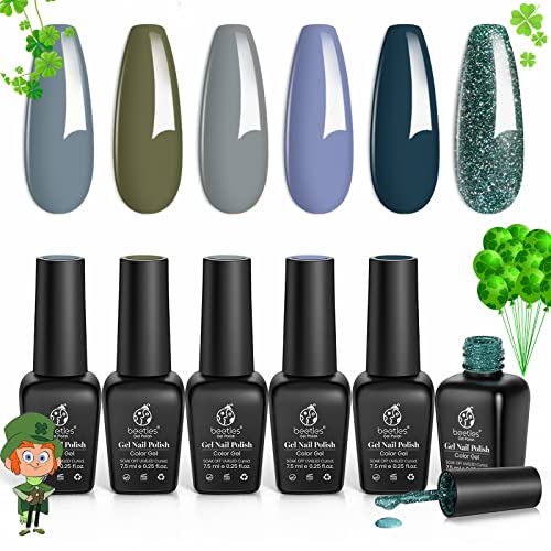 Beetles 6 Colors Gel Nail Polish Set - Snow Mountain Collection Grey Nude Blue Glitter Gel Polish Kit Soak Off Nail Lamp Fall Winter Gel Nail Kit Manicure Kit Salon Nail Art Design Gifts for Women