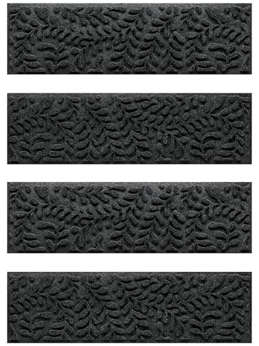 Bungalow Flooring Waterhog Stair Treads, Set of 4, 8-1/2 x 30 inches, Made in USA, Durable and Decorative Floor Covering, Indoor/Outdoor, Water-Trapping, Boxwood Collection, Charcoal