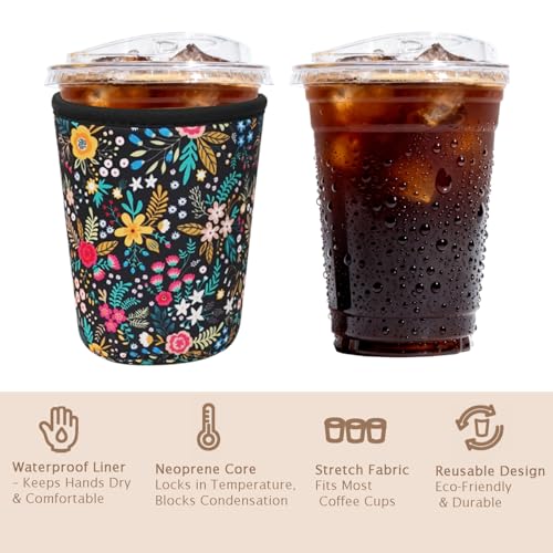 Image of Reusable Insulated Sleeve for Iced Coffee Cup, Coffee Neoprene Sleeve for Cold & Hot Drinks, Beverage Holder for Iced Coffee (Lush Blossom, Small: 16-18oz)