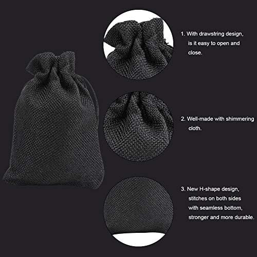 NBEADS 50 Pcs Burlap Gift Bags with Drawstring Wedding Jute Sacks Jewelry Pouches for Wedding Party and Diy Craft, Black, 13.5-14x9.5-10cm