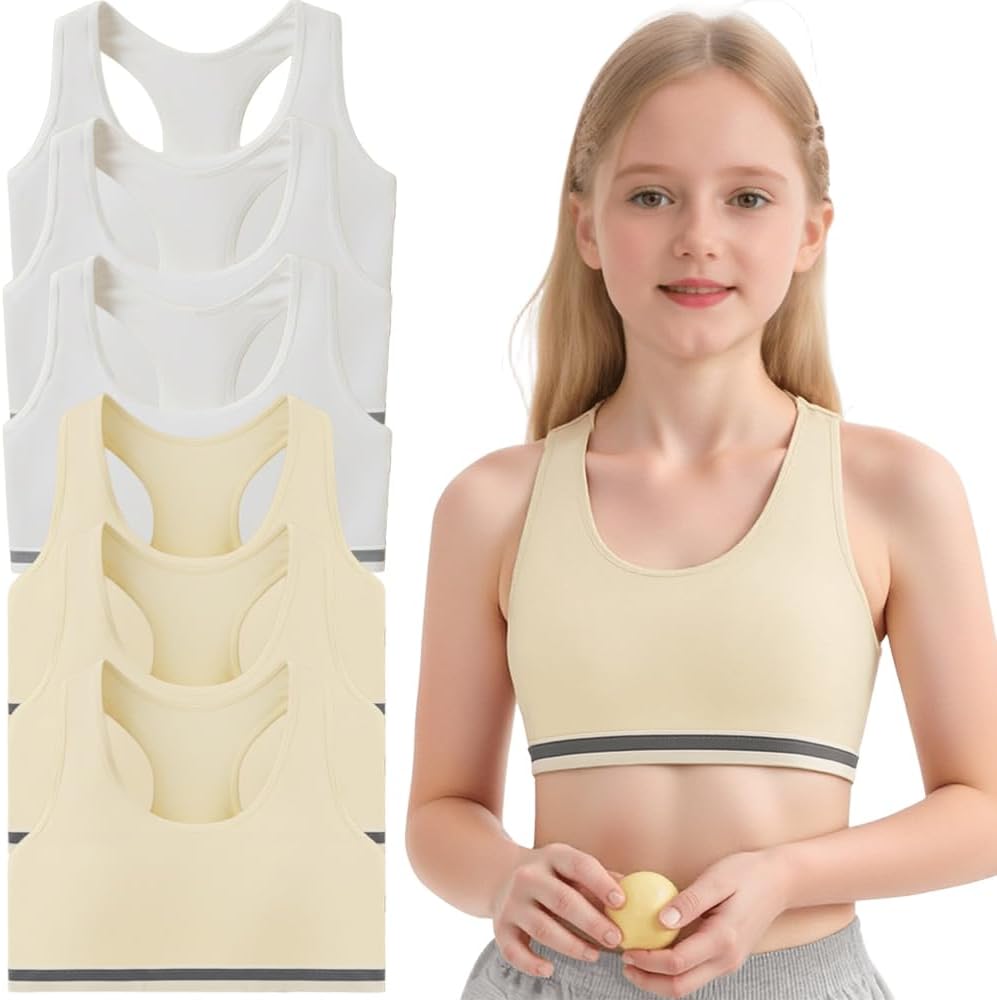 6-Pack Girls'Sports Bras Vest-Style underwearFor Training Sleep & Everyday Wear for Girls 7-10 Years Old