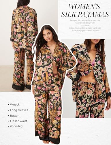 Image of Arssm Satin Pajama Set for Women Silk Pajamas Set 2 Piece Floral Pj Set Long Sleeve Button Down Pjs Sleepwear