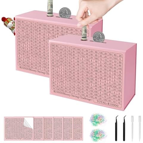 2 Pack Money Saving Box, Paper Savings Challenge Box, Coin Cash Vault Savings Box, Flexible Saving $10000, $5000, $3000, Money Bank Safe Toys Fun Holiday Cash Box for Kids Adults Gift(Pink) Cover