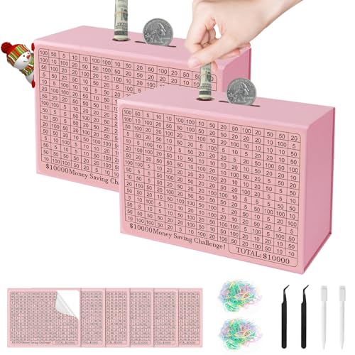 2 Pack Pink Money Saving Box – Flexible Piggy Bank $3000/5000/$10000 Savings Challenge, Fun Cash Coin Box for Kids & Adults, Ideal