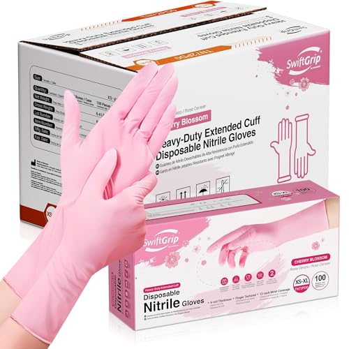 Disposable Nitrile Dishwashing Gloves, Extended 12 Inches Cuff, 6-mil, Cherry Blossom Cleaning Gloves, Latex-Free