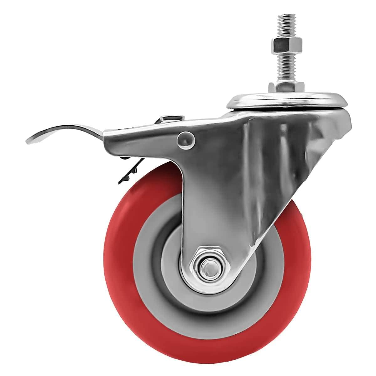 FactorDuty 4 Inch RED Caster Wheel with Brake Dual Locking 3/8"-1.2" Threaded Stem Mount Caster Wheel Polyurethane Wheels Premium Non Marking No Noise 300LB Per Wheel (Pack of 4)