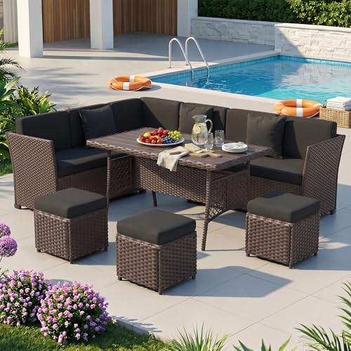 YOCONYO Patio Furniture Set, 7 Pieces Outdoor Dining Sets, All Weather Rattan Conversation Set, Outdoor Dining Sectional Sofa with Large Dining Table, Ottoman (Brown-Dark Grey, A-7 Pieces)