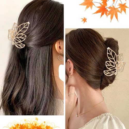 Pinza para cabello metálica diseño hojas de arce dorada miniatura 4