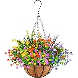 Artificial Flowers Hanging Baskets Hanging Planters for Indoor Outdoor plants Fake Daisy with Eucalyptus Leaves Arrangement for Garden Yard Home Decoration Fake Plant in Coconut Lining Flowerpot