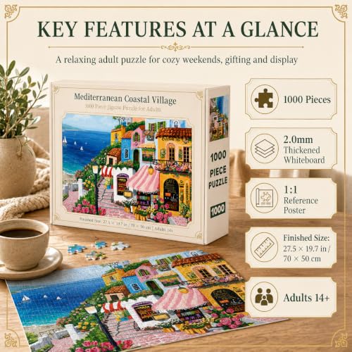 Rompecabezas de 1000 piezas para adultos, pueblo costero acogedor, ilustración colorida de ciudad costera, 27,5 x 19,7 pulgadas miniatura 2