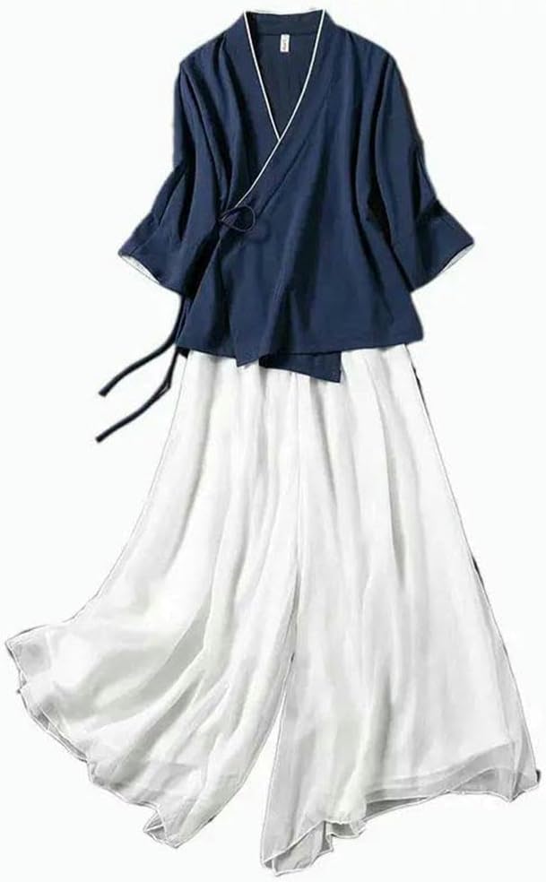 Tai Chi Chinese Style Zen Summer mid-Sleeved Casual Shirt Tied Cotton Linen Hanfu Kung Fu top Sports V-Neck