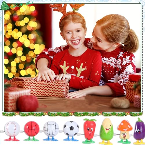 Gawertoy 8 Pack Wind Up Toys for Kids, Cartoon Vegetable Wind-Up Toys Plastic Sports Ball Clockwork Toys Novelty Walking Jumping Toys for Easter Egg Hunt Basket Filler Party Favor Birthday Gift (#A)