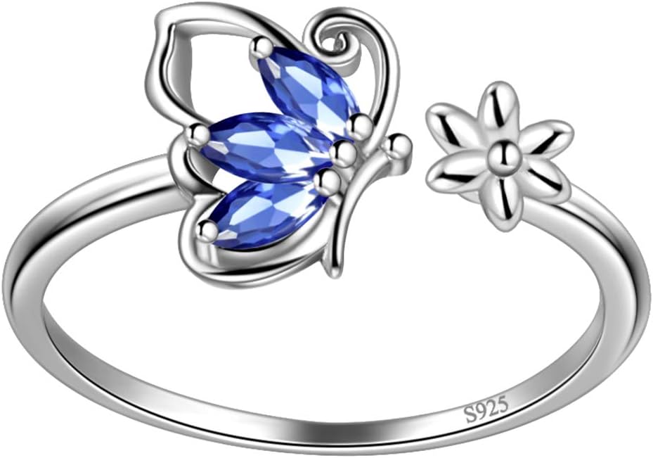 Hipunk Butterfly Birthstone Rings - Women 925 Sterling Silver Bands Statement Birth Stone Animal Butterflies Adjust Ring Crystal Birthday Jewelry