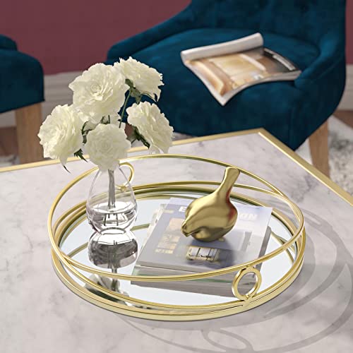 Maoname Gold Mirror Tray, 10 Inch Round Mirror Tray, Modern Metal Gold Tray, Perfume Tray For Dresser, Ornate Vanity Tray, Jewelry Organizer Tray, Decorative Tray For Makeup, Bathroom, Bedroom #TOP1