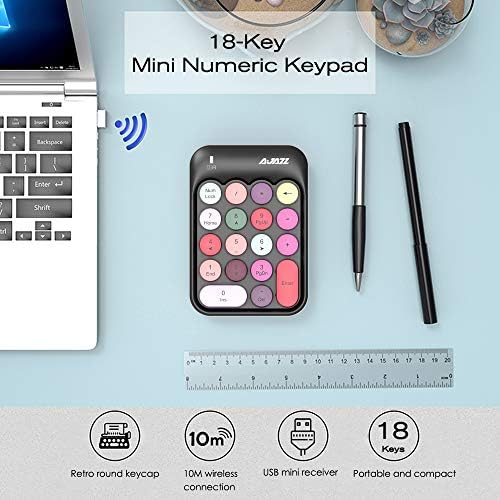 FELiCON Wireless Numeric Keypad, 2.4GHz Portable Mini Number Pad with Cute Color Fight Retro Round Key and USB Receiver, 18-Keys Financial Accounting Numeric Keypad for Laptop, PC, Desktop (Black)