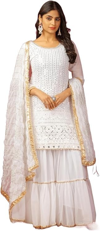 Image of Women's Designer Chinon Silk Sharara Suit Set, Sequence Embroidery Kurti with Tiered Sharara and Dupatta