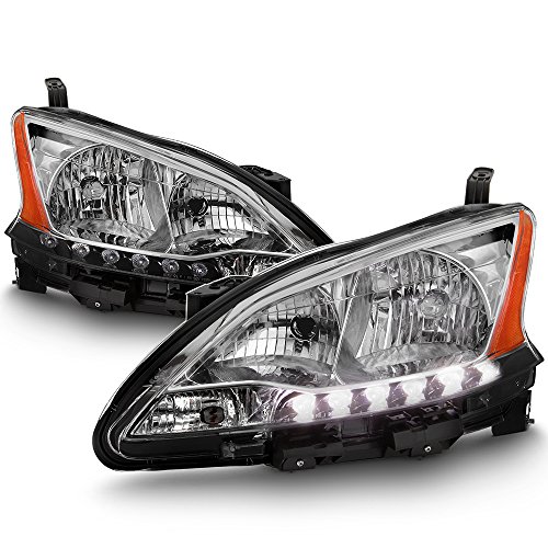 AKKON - For 2013-2015 Sentra LED Daytime Running Lamp Strip Headlight Chrome Housing Clear Lens Full Set