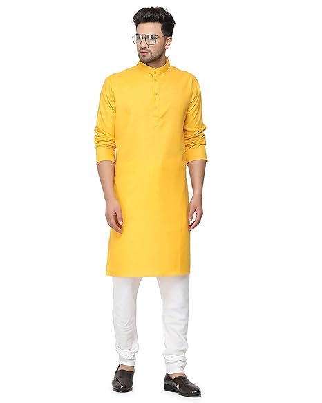 Enmozz Haldi Yellow Cotton Plain Men's Ethnic Simple Kurta Only