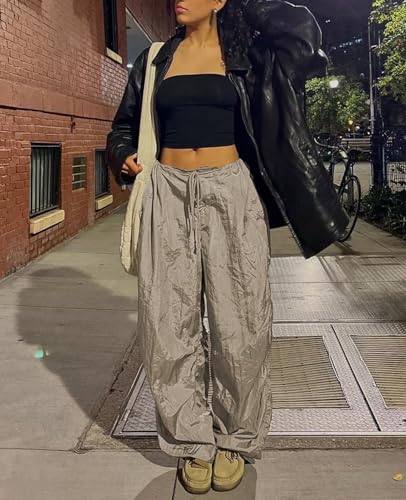 Neyaolk Parachute Pants for Women, Drawstring Elastic Low Waist Y2k Cargo Pants Women Baggy with Pockets4