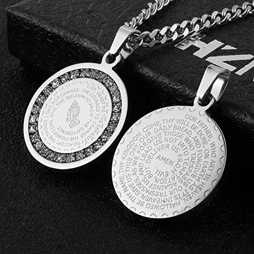 Hzman Bible Verse Prayer Necklace Christian Jewelry Gold Stainless Steel Praying Hands Coin Medal Pendant (Cz Silver) #TOP1