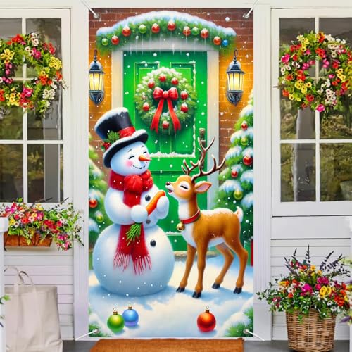 Image of BlissYard Christmas Door Cover Green Snowman 35x71 Inch Polyester