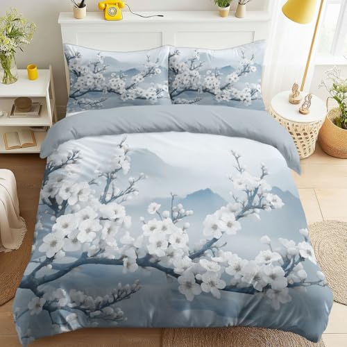 Générique Bleu Gris Parure de Lit Oriental Style Chinoiserie Parure de Lit, Floral Brumeux Duveteux Imprimée Fleurs de Prunier Effets de Fumée Housse de...