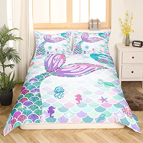 Erosebridal Mermaid Tail Bedding Set,Nautical Sea Animal Duvet Cover Twin Size For Kids Child,Fish Scale Sparkle Sequins Comforter Cover Ocean Sealife Bed Sets Paillette Bedroom Decor,Multicolor #TOP2