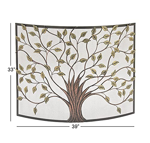 Deco 79 Metal Tree Sculpted Tree Relief Single Panel Fireplace Screen With Curved Mesh Netting, 39" X 7" X 33", Bronze #TOP2